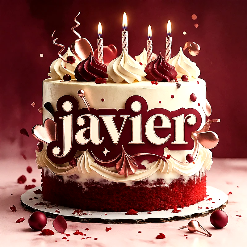Tarta de cumpleaños roja y blanca con velas encendidas, copos de crema y el nombre Javier destacado al frente en un cartel decorativo.