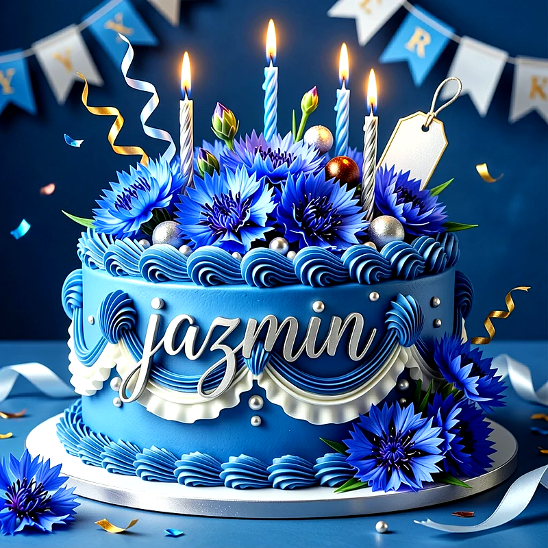 Tarta de cumpleaños azul decorada con grandes flores azules, velas encendidas y perlas, con el nombre Jazmin escrito al frente en letras plateadas.
