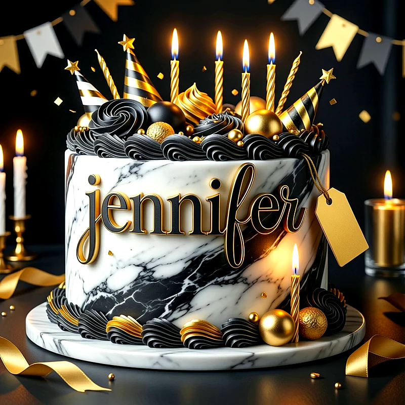 Tarta de cumpleaños elegante con efecto mármol blanco y negro, decorada con detalles en oro, velas encendidas y el nombre Jennifer en letras doradas.