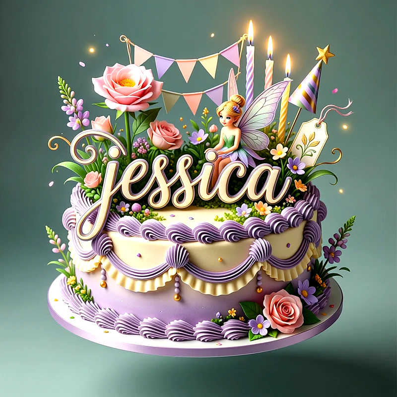 Tarta de cumpleaños de dos pisos en tonos lila y crema con flores, una pequeña hada, velas encendidas y el nombre Jessica escrito.