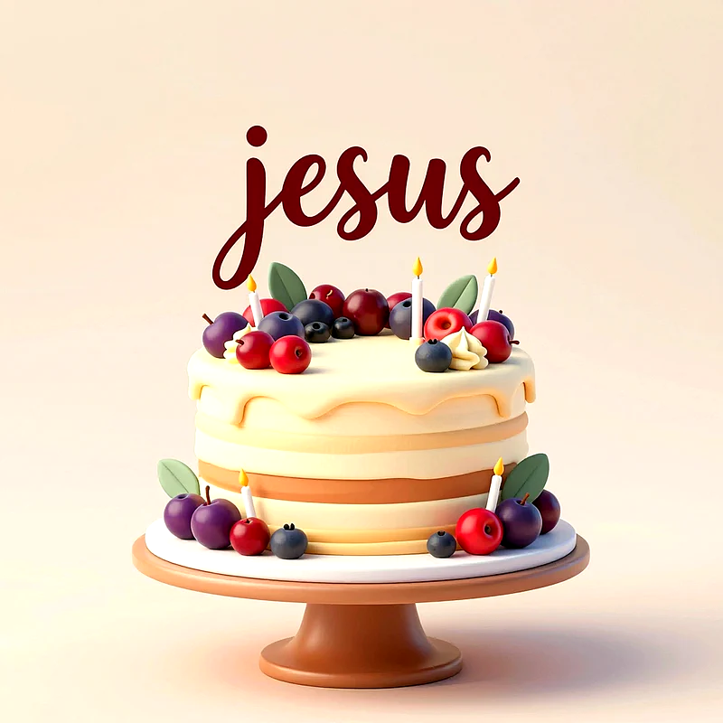 Tarta de cumpleaños de vainilla decorada con frutos rojos y velas, con el nombre Jesus escrito arriba en letras rojas.