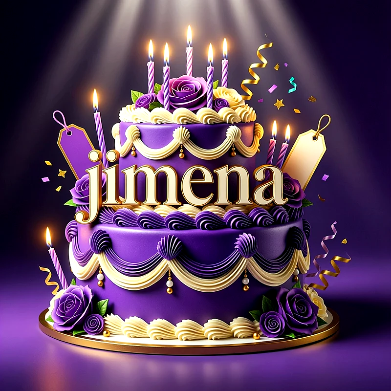 Tarta de cumpleaños de dos pisos en color lila con flores y velas encendidas, que lleva el nombre Jimena en letras doradas en el centro.