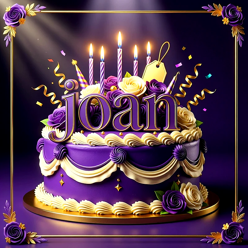 Tarta de cumpleaños morada decorada con flores blancas y moradas, velas encendidas y el nombre Joan en relieve dorado.