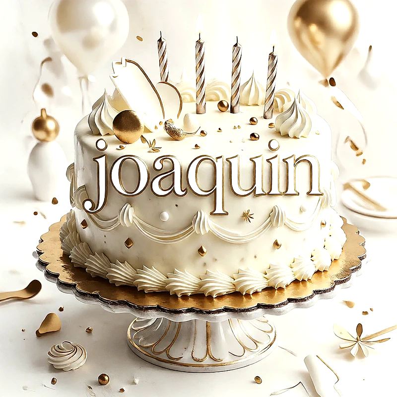 Tarta de cumpleaños blanca con adornos dorados, velas a rayas encendidas y el nombre Joaquin escrito al frente con relieve.