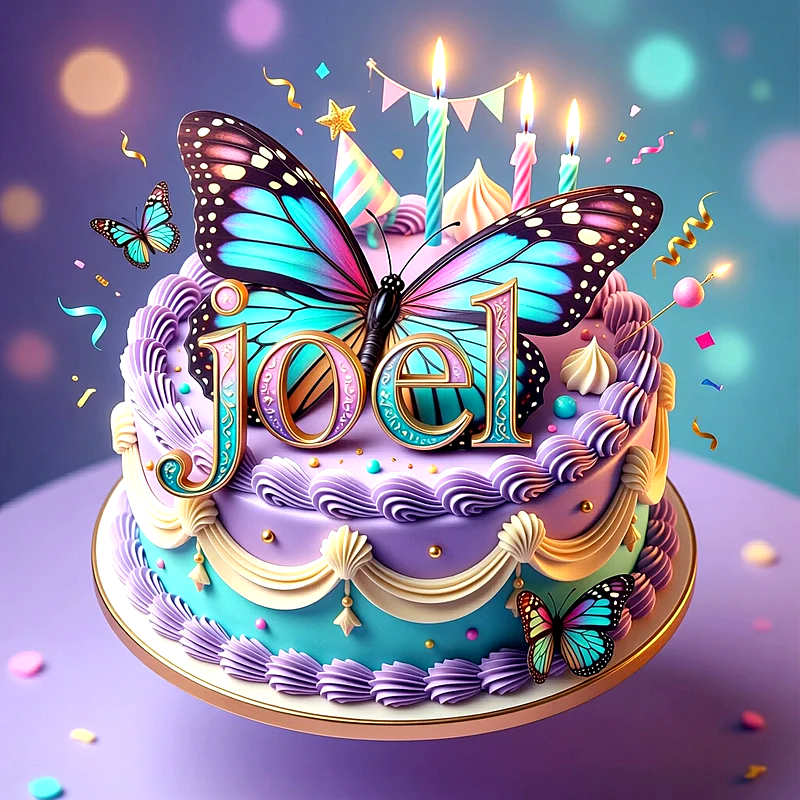 Tarta de cumpleaños lila y azul con mariposas decorativas, velas encendidas y el nombre Joel escrito en letras grandes al frente.