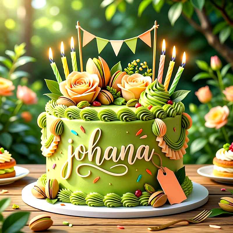 Tarta de cumpleaños verde decorada con rosas en tonos crema, pistachos, velas encendidas y el nombre Johana escrito en la parte frontal.