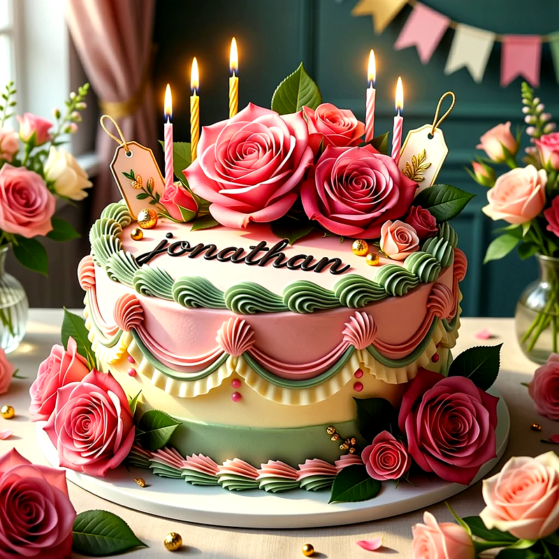 Tarta de cumpleaños decorada con rosas rosas, crema verde y velas encendidas, con el nombre Jonathan escrito en la superficie superior.