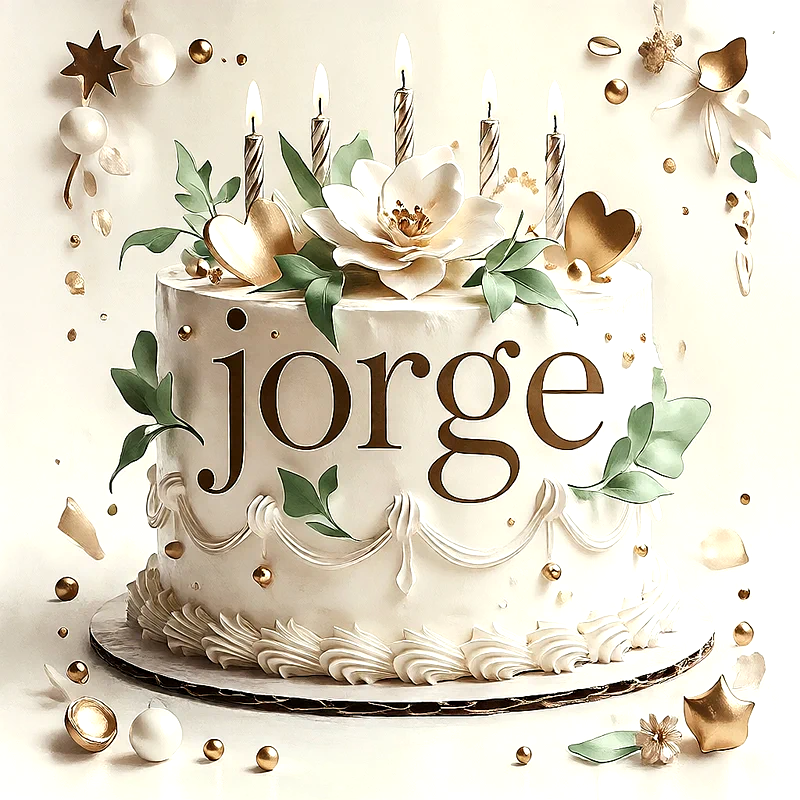 Tarta de cumpleaños blanca con elegante decoración de flores, hojas verdes, corazones dorados, velas encendidas y el nombre Jorge escrito al frente.
