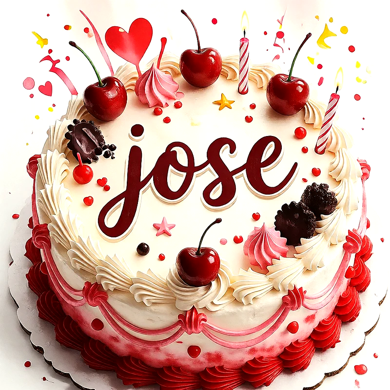 Tarta de cumpleaños blanca y roja decorada con cerezas frescas, velas encendidas, corazones y el nombre Jose escrito en letras oscuras en el centro.