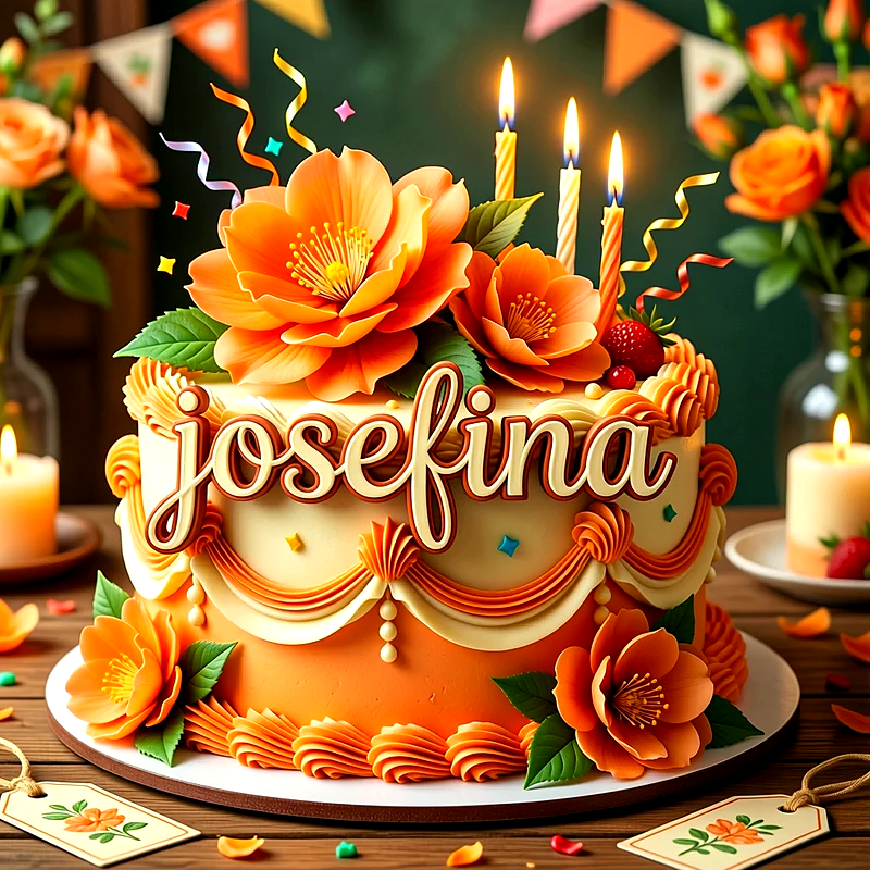 Tarta de cumpleaños decorada con flores naranjas, velas encendidas y el nombre Josefina escrito en el centro en letras elegantes.
