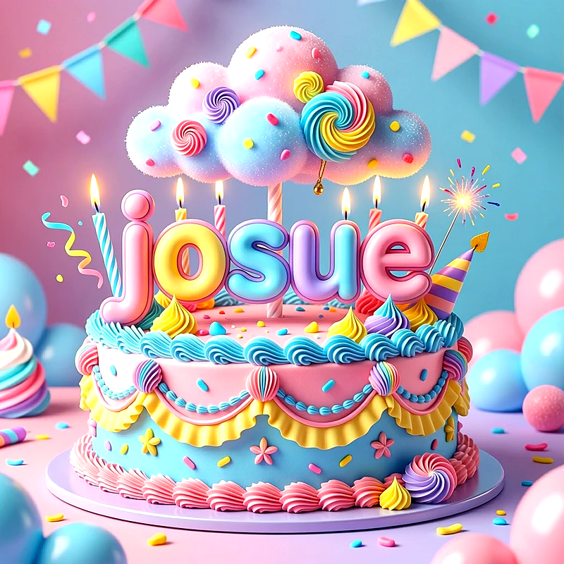 Tarta de cumpleaños infantil muy colorida con tonos rosa, azul y amarillo, decorada con nubes, piruletas, velas encendidas y el nombre Josue destacado.