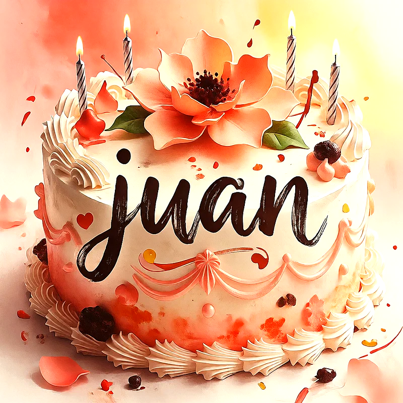 Tarta de cumpleaños blanca con una flor de durazno, velas encendidas y el nombre Juan escrito en color negro al frente.