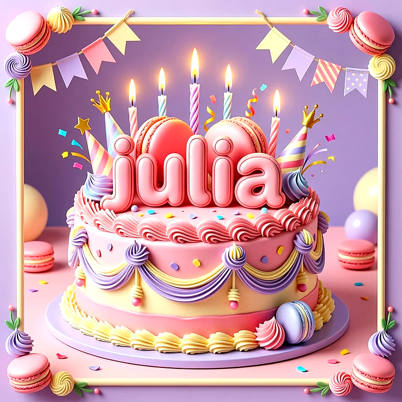 Tarta de cumpleaños infantil rosa y pastel decorada con guirnaldas, macarons y velas encendidas, con el nombre Julia en letras grandes.