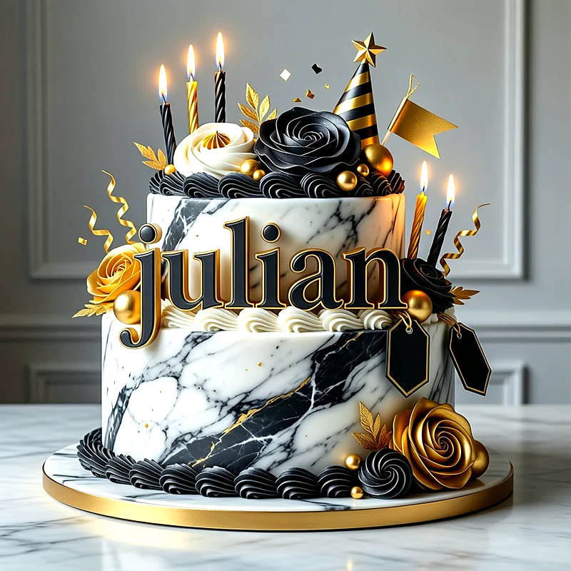 Tarta de cumpleaños de dos pisos efecto mármol blanco y negro con flores doradas, velas encendidas y el nombre Julian al frente.