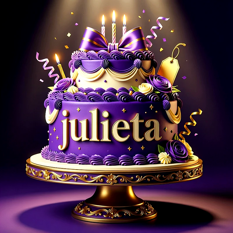 Tarta de cumpleaños de dos pisos en color morado y crema con flores, lazo grande y el nombre Julieta en letras doradas.
