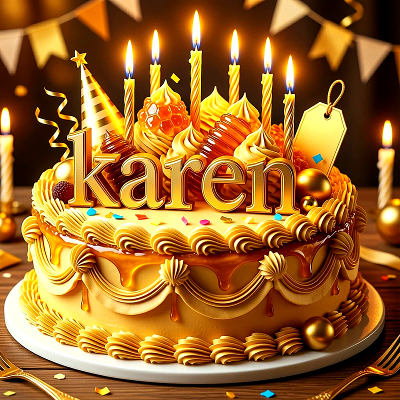 Tarta de cumpleaños dorada decorada con crema, miel, velas encendidas y el nombre Karen destacado al frente en letras doradas.