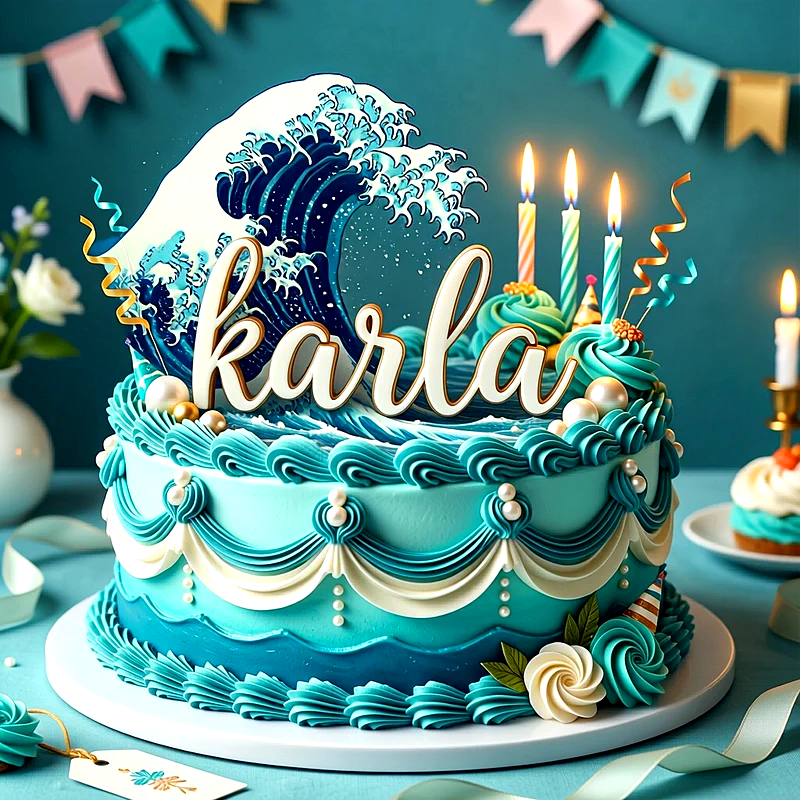 Tarta de cumpleaños azul y turquesa decorada con olas marinas, perlas y velas encendidas, con el nombre Karla al frente.