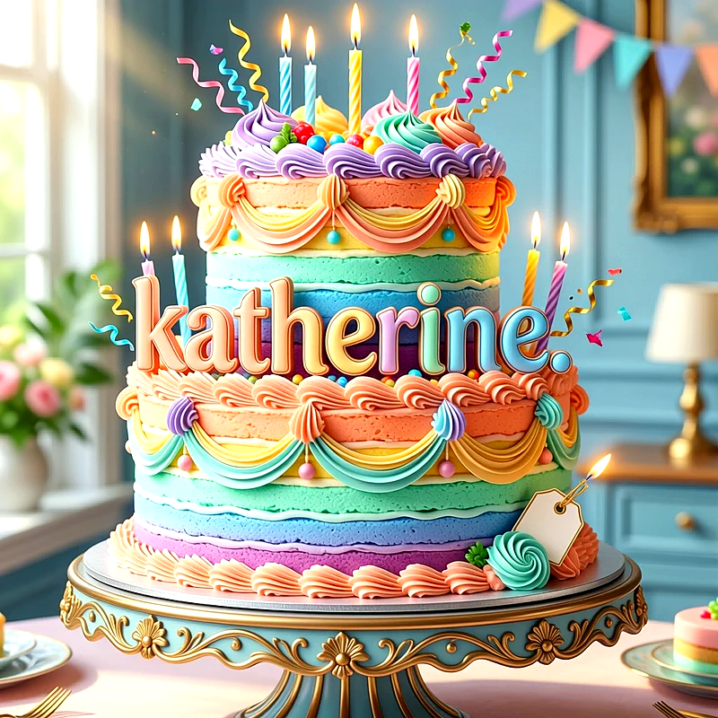 Tarta de cumpleaños de dos pisos multicolor con velas encendidas, adornos festivos y el nombre Katherine escrito en letras coloridas al frente.
