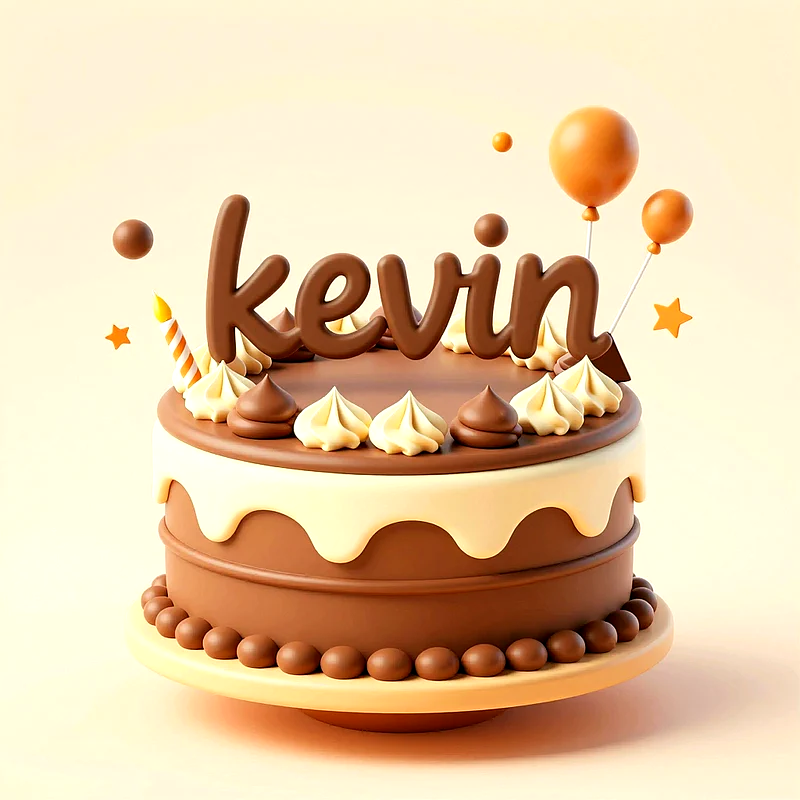 Tarta de cumpleaños de chocolate con crema blanca, globos decorativos, una vela pequeña y el nombre Kevin en la parte superior.