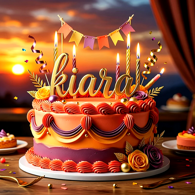 Tarta de cumpleaños decorada con flores y velas, en tonos naranja y morado, con el nombre Kiara escrito en letras doradas en la parte superior.