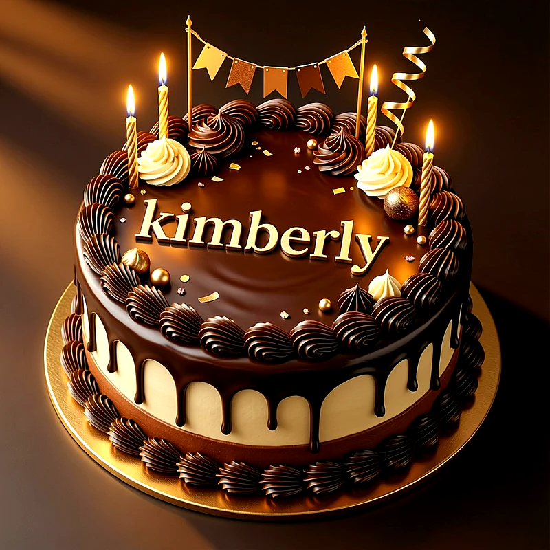 Tarta de cumpleaños de chocolate decorada con velas encendidas, copos de crema y el nombre Kimberly escrito en letras doradas.