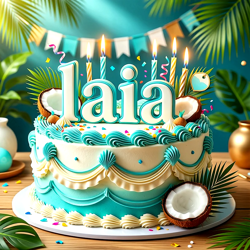 Tarta de cumpleaños decorada en tonos blanco y azul turquesa con cocos, velas encendidas y el nombre Laia en letras grandes.