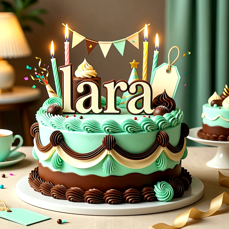 Tarta de cumpleaños de color menta y chocolate decorada con velas encendidas, banderines festivos y el nombre Lara escrito en letras grandes y claras al frente.