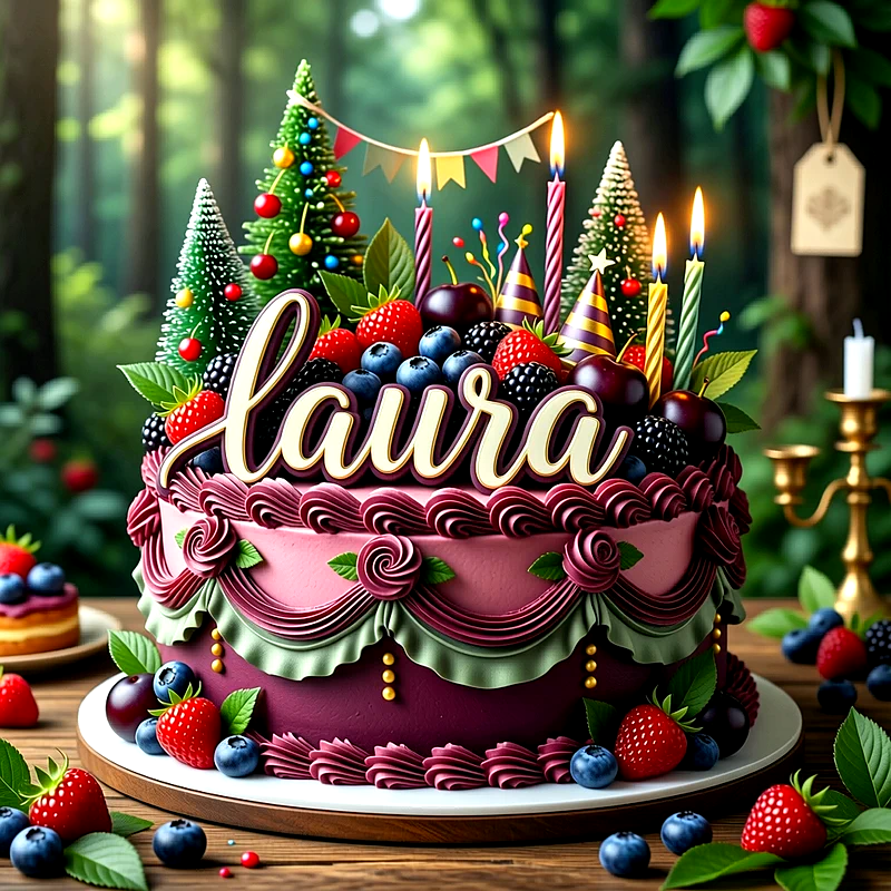 Tarta de cumpleaños decorada con frutas del bosque, pequeños árboles verdes y velas encendidas, con el nombre Laura al frente.