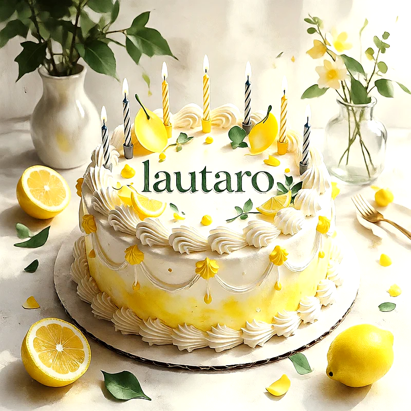 Tarta de cumpleaños blanca y amarilla con crema, rodajas de limón, velas encendidas y el nombre Lautaro escrito en el centro.