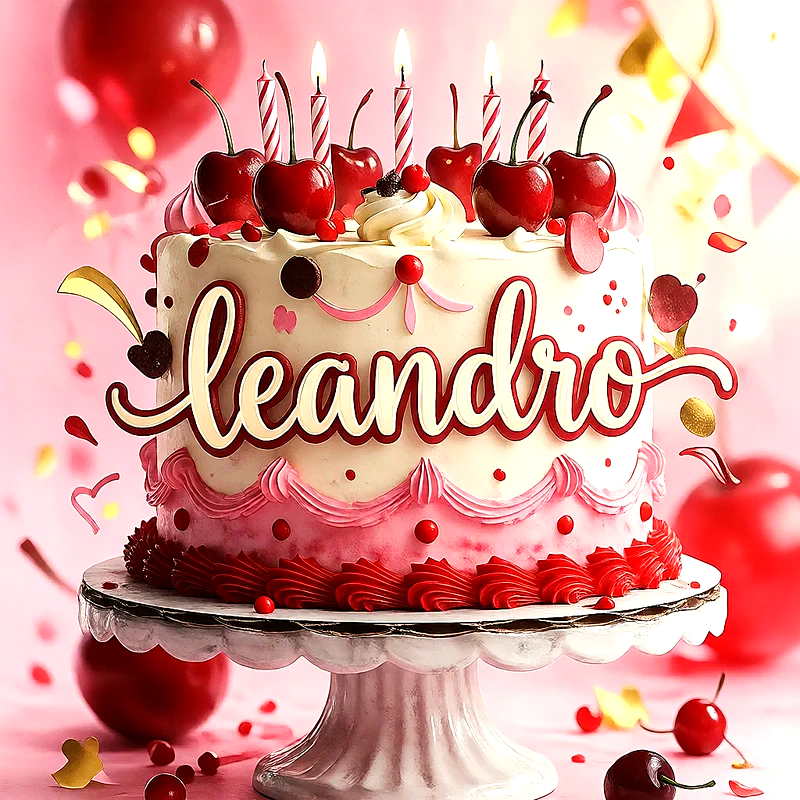 Tarta de cumpleaños decorada con cerezas frescas y velas encendidas, con el nombre Leandro escrito en letras grandes sobre el frente de la crema blanca y rosa.