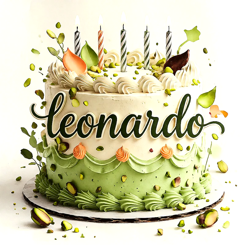 Tarta de cumpleaños en tonos verde y crema decorada con pistachos, hojas naturales, velas encendidas y el nombre Leonardo escrito en el centro.