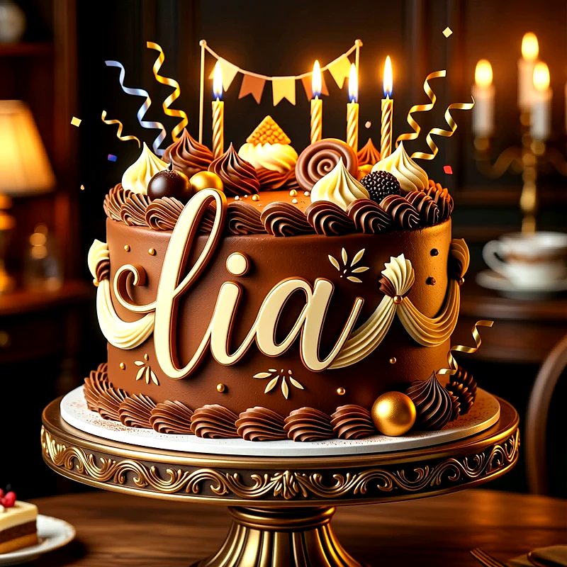 Tarta de cumpleaños de chocolate decorada con velas encendidas, crema de vainilla y el nombre Lia escrito en letras doradas al frente.