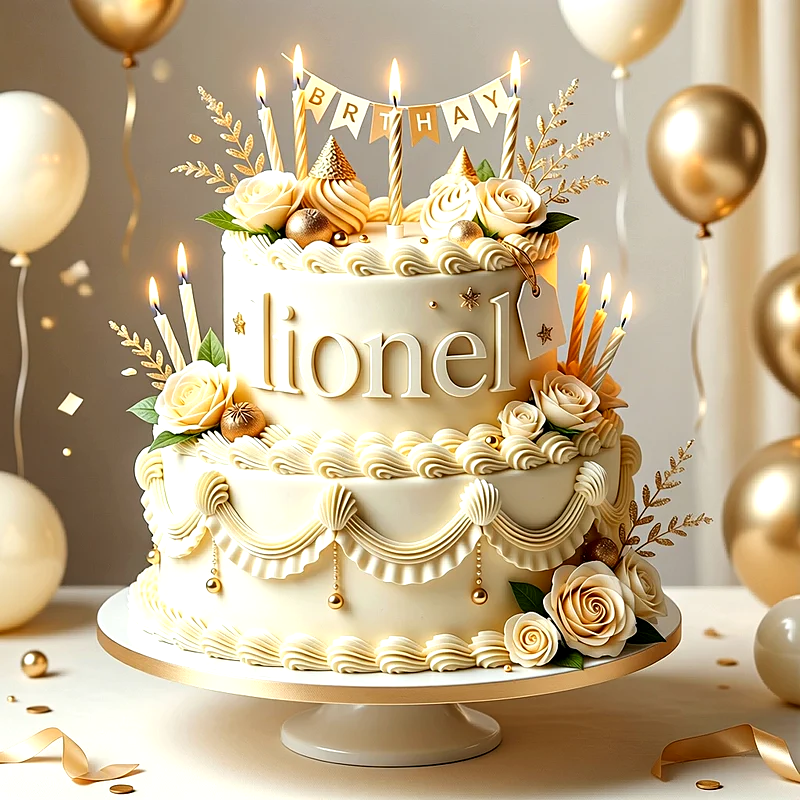 Tarta de dos pisos de color crema con flores de azúcar doradas y velas encendidas con el nombre Lionel escrito en el centro.