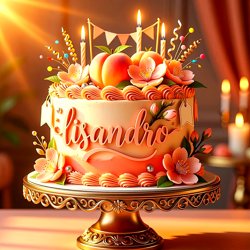 Tarta de cumpleaños decorada con melocotón, flores rosas y velas encendidas sobre una base dorada, con el nombre Lisandro escrito al frente.