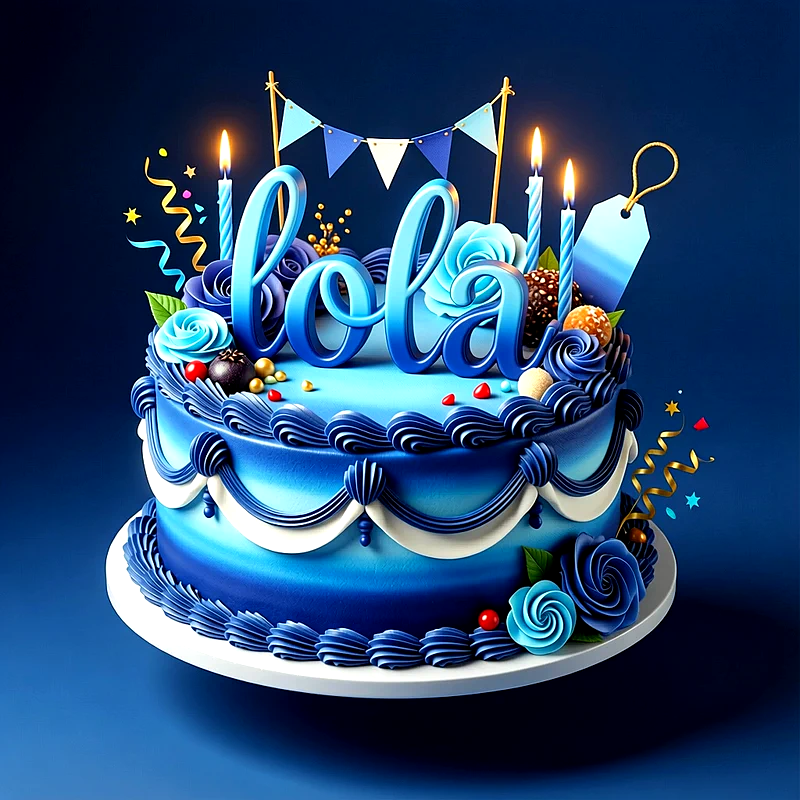 Tarta de cumpleaños azul con velas encendidas, guirnalda y flores de azúcar, con el nombre Lola escrito en grandes letras azules.