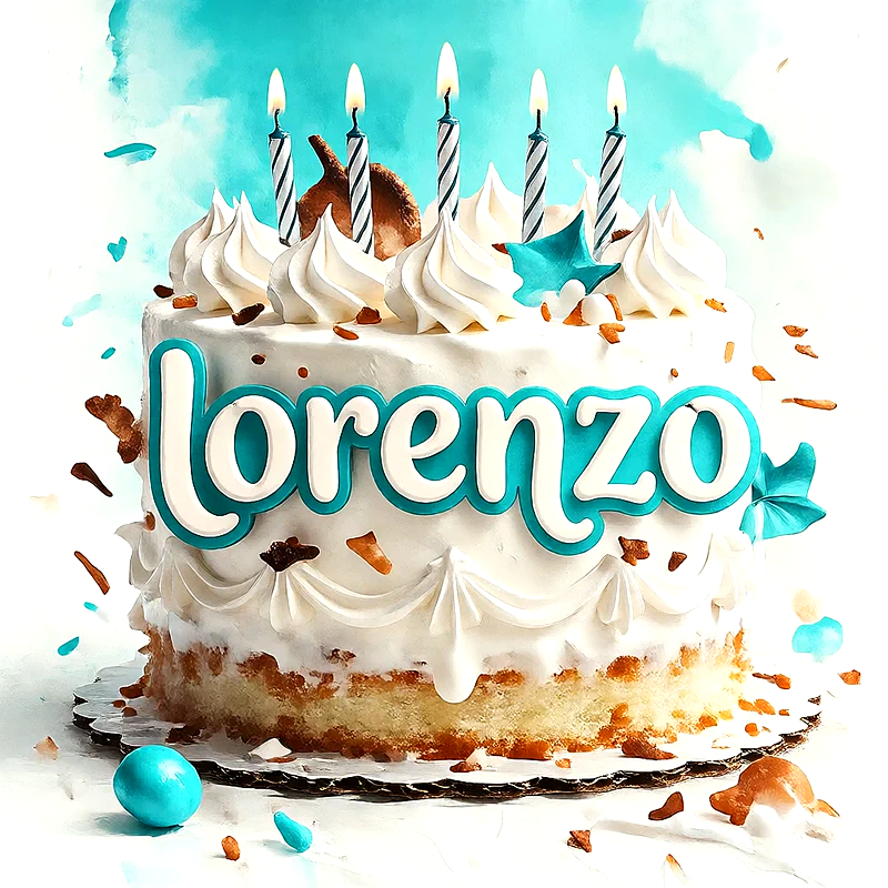 Tarta de cumpleaños blanca y azul con el nombre Lorenzo escrito al frente, adornada con crema y cinco velas encendidas.