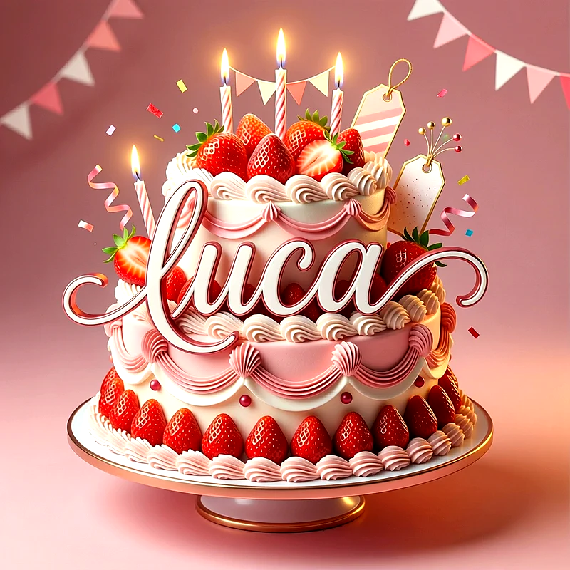 Tarta de cumpleaños de dos pisos en tonos rosa y blanco con fresas frescas, velas encendidas y el nombre Luca al frente.