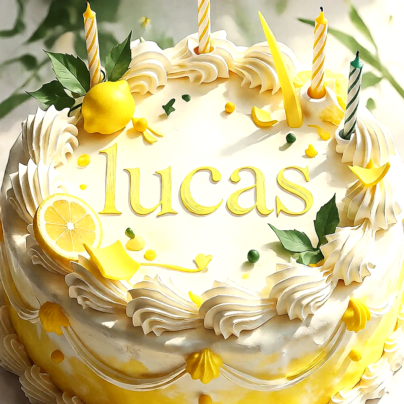 Tarta de cumpleaños blanca y amarilla decorada con crema, limones y velas encendidas, con el nombre Lucas escrito en el centro.