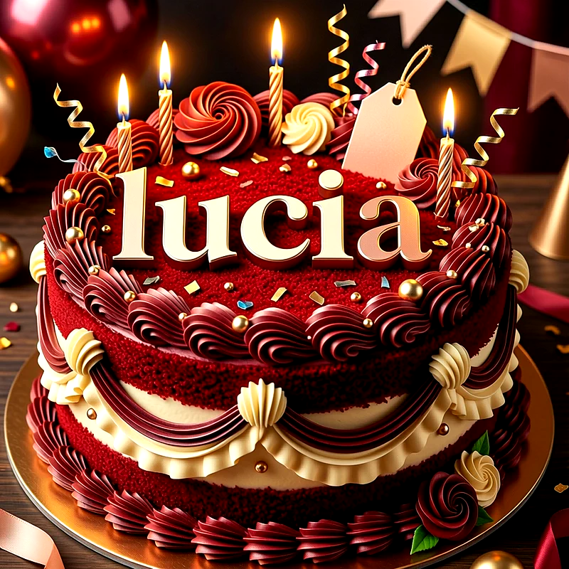 Tarta de cumpleaños roja con detalles en crema y oro, decorada con velas encendidas y el nombre Lucia escrito en grandes letras sobre la superficie del pastel.