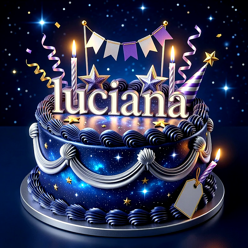 Tarta de cumpleaños de color azul noche con estrellas doradas, velas encendidas y el nombre Luciana escrito en letras grandes y brillantes.