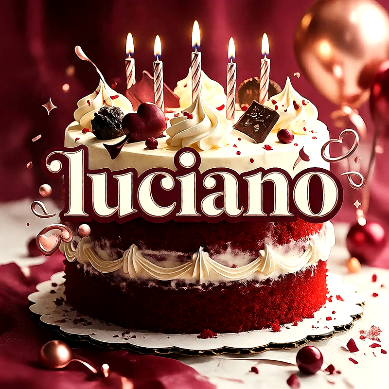 Tarta de cumpleaños roja y blanca tipo red velvet con velas encendidas, nata y el nombre Luciano escrito al frente.