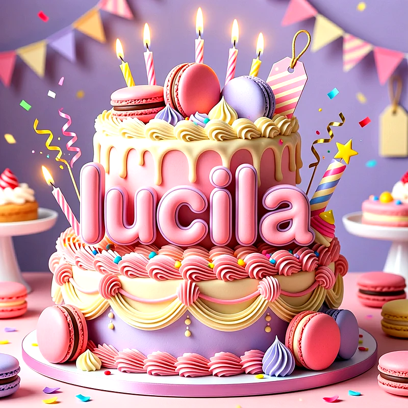 Tarta de cumpleaños de dos pisos en colores lila y rosa con macarons, velas encendidas y el nombre Lucila escrito al frente en letras grandes.