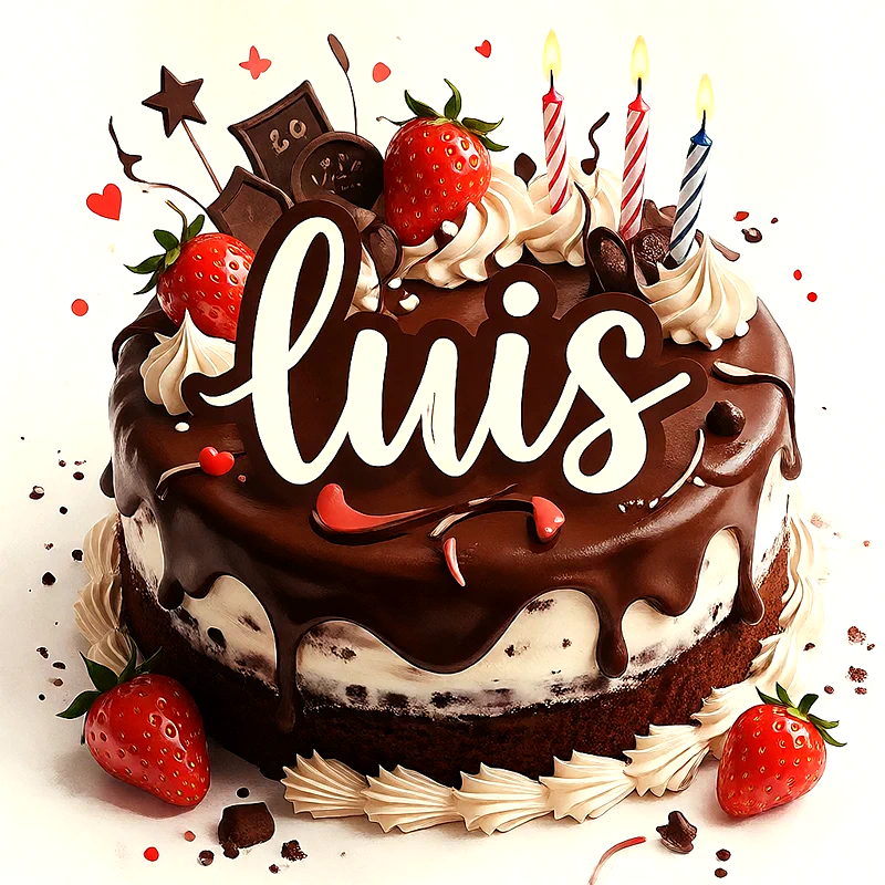 Tarta de chocolate con fresas frescas, crema batida, velas encendidas y el nombre Luis escrito en letras blancas en el centro.