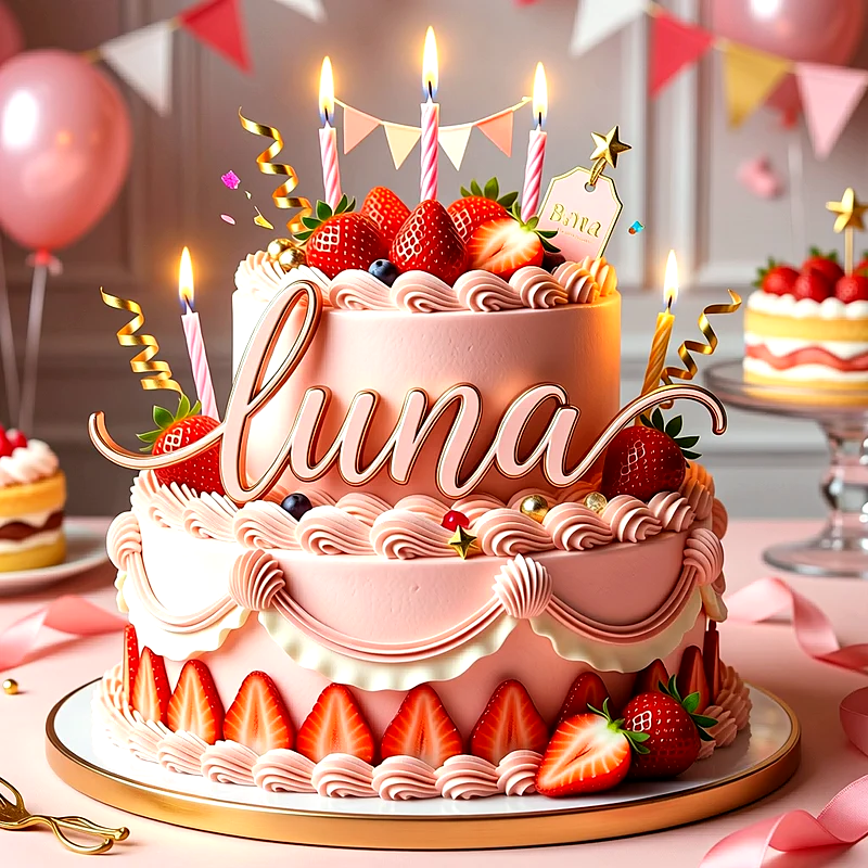 Tarta de cumpleaños de dos pisos de color rosa decorada con fresas frescas, velas encendidas y el nombre Luna escrito al frente en letras grandes.