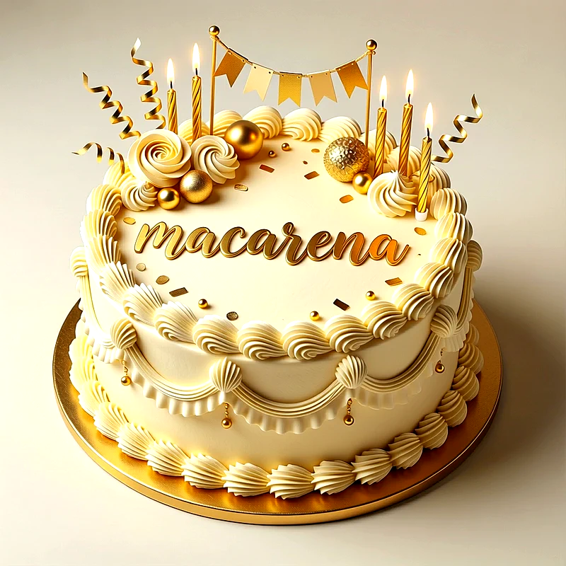 Tarta de cumpleaños elegante de color crema y dorada con velas encendidas, adornos festivos y el nombre Macarena escrito al frente.