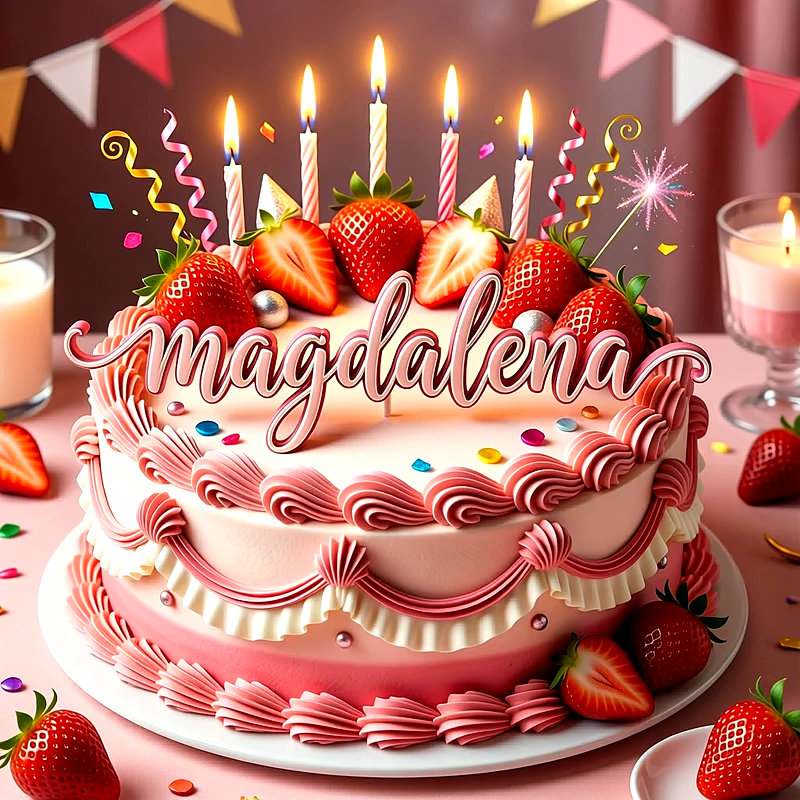 Tarta de cumpleaños de color rosa decorada con fresas frescas, velas encendidas y serpentinas, con el nombre Magdalena escrito en letras elegantes al frente.