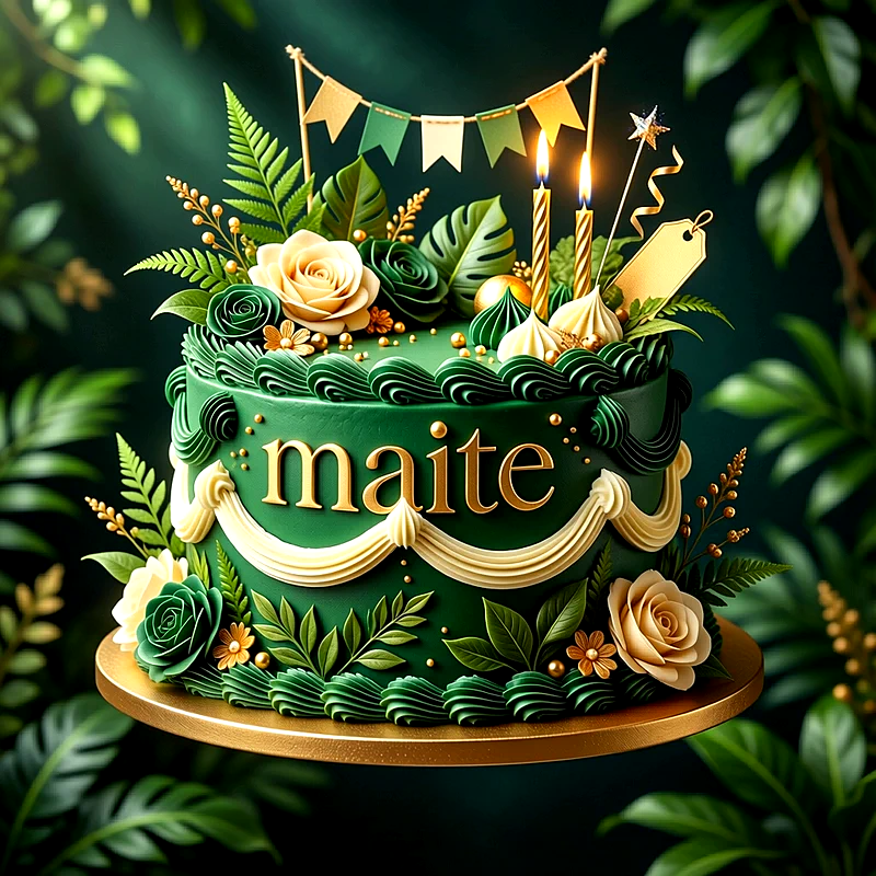 Tarta de cumpleaños verde oscuro decorada con rosas crema, hojas, guirnalda, velas doradas encendidas y el nombre Maite en letras doradas.
