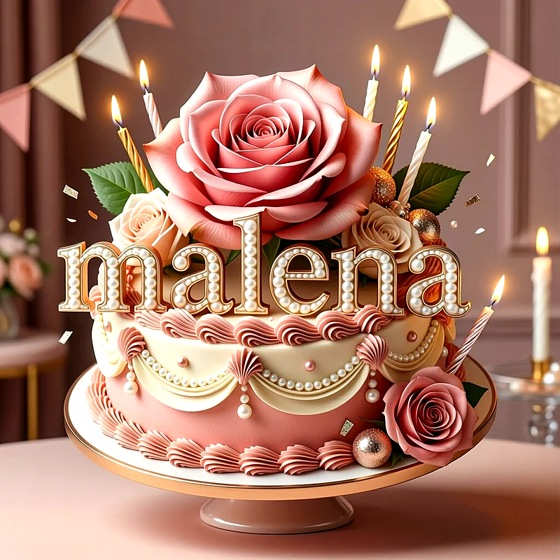 Tarta de cumpleaños en tonos rosa y blanco, decorada con grandes rosas, perlas, velas encendidas y el nombre Malena escrito al frente en letras elegantes con relieve.
