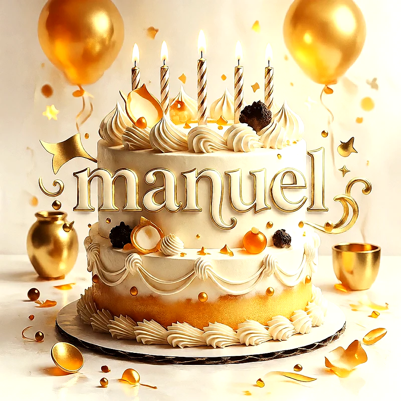 Tarta de cumpleaños blanca y dorada de dos pisos con velas encendidas y el nombre Manuel destacado en letras grandes.