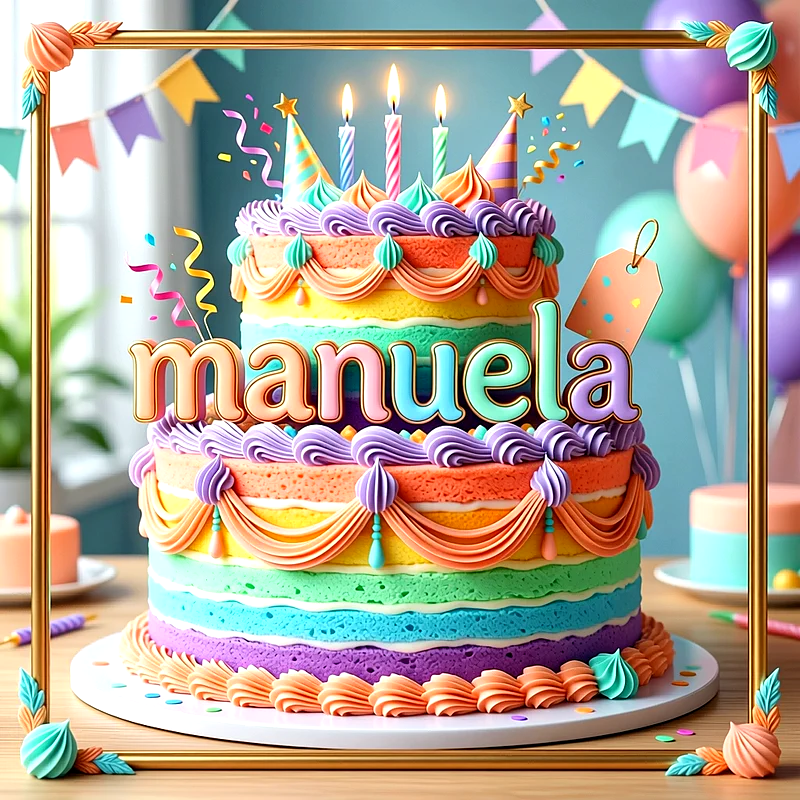 Tarta de cumpleaños infantil de dos pisos multicolor con velas encendidas y el nombre Manuela escrito al frente en letras coloridas.